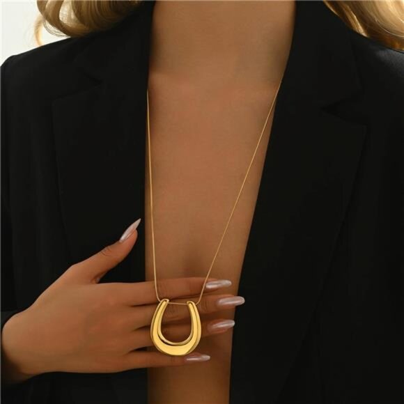 Gold Horseshoe Necklace | Stainless Steel Lucky Charm Pendant - Picture 1 of 4